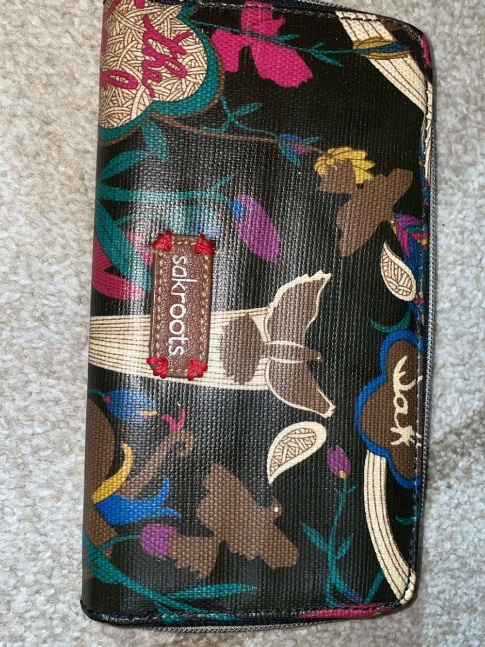 Sakroots Black Multi Floral & Bird Zip Wallet